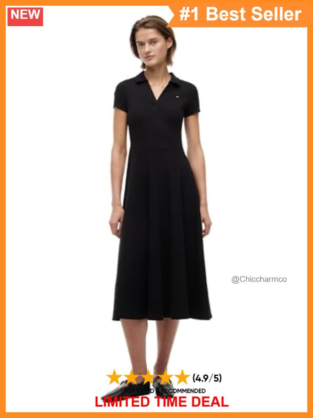 Cotton Ribbed Fit & Flare Polo Midi Dress Short Sleeve Stretch